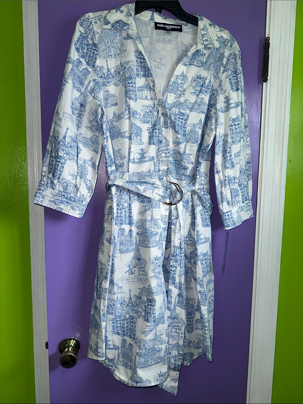 Karl Lagerfeld White and Light Blue Printed Shirtdress with D-Ring Belt vacation